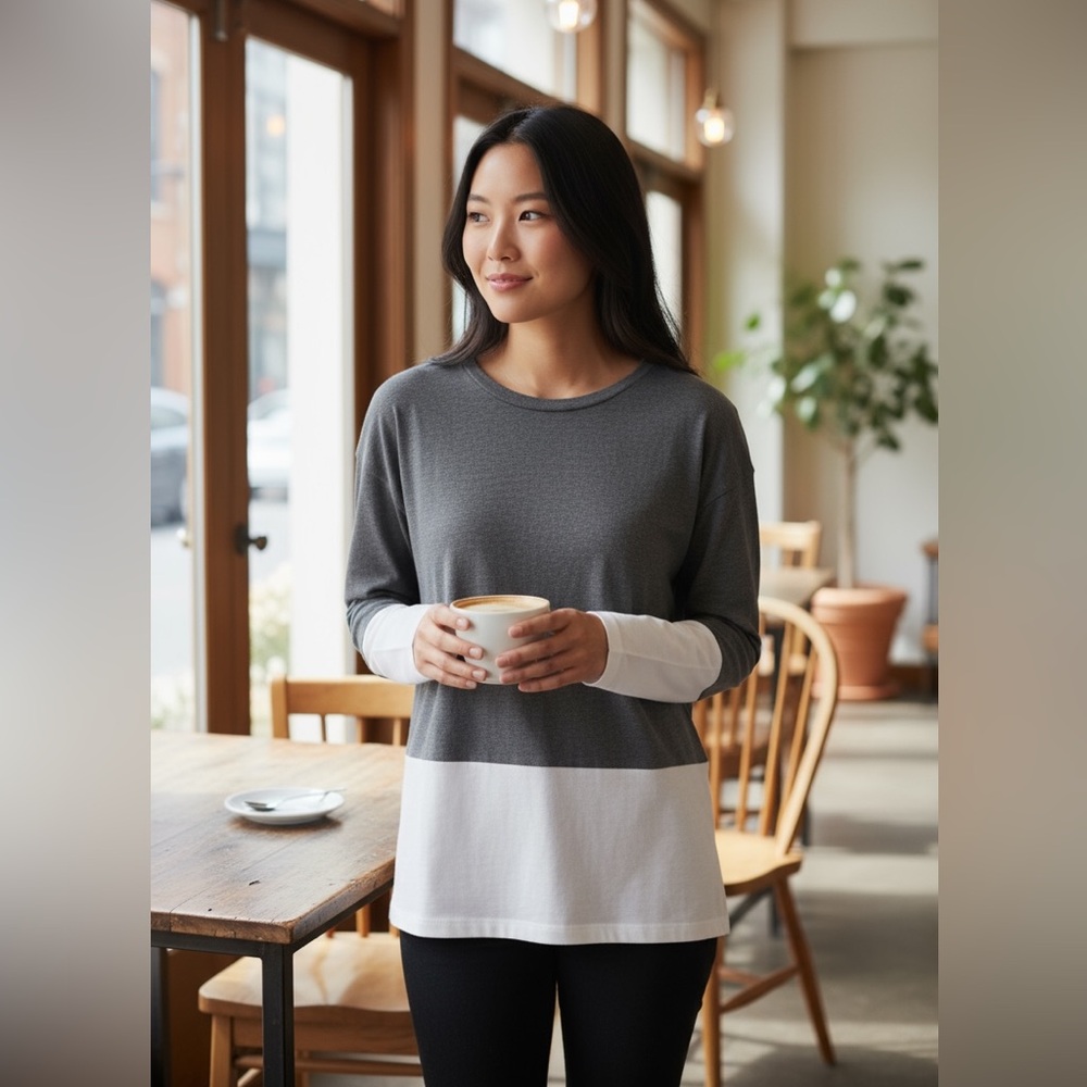 LOFT Gray and White Colorblock Top